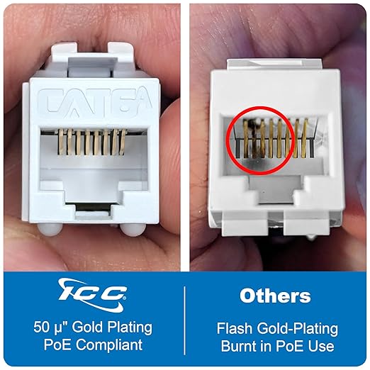ICC CAT6A Keystone Jack with Slim Profile 180 Degree Punch Down, 10Gbps RJ45 UL Listed PoE++ TAA Compliant for Wall Plate or Patch Panel, Works with JackEasy Termination Tool, Blue