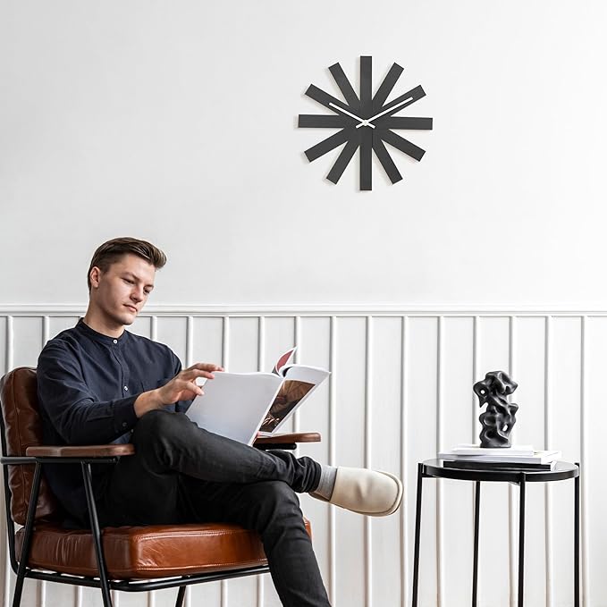 BEW Wall Clock, 14 in Mid Century Modern Wall Clocks Battery Operated, Unique 3D Frameless Black Metal Wall Clock Silent Non Ticking for Kitchen, Bedroom, Office, Outdoor, Living Room Decor
