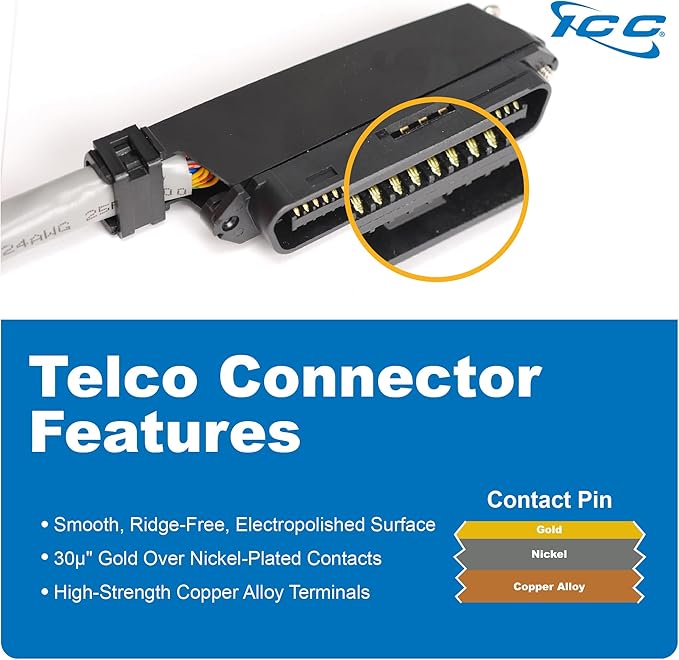 ICC Female to Male 25 Pair Telco Cable 10ft - Cat3 24AWG, 100% Solid Pure Copper, Gray Riser CMR Cable with 90 Degree 50 Pin Telco Connector for Voice and Low Data PBX Applications, 10 Feet