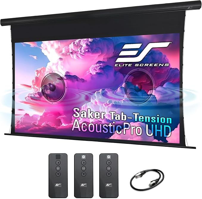 Elite Screens Saker Tab-Tension AcousticPro UHD Series, 100-INCH Diagonal 16:9, 4K/8K Ultra HD Electric Sound Transparent Perforated Weave Drop Down Front Projector Screen, SKT100UH2-E24-AUHD