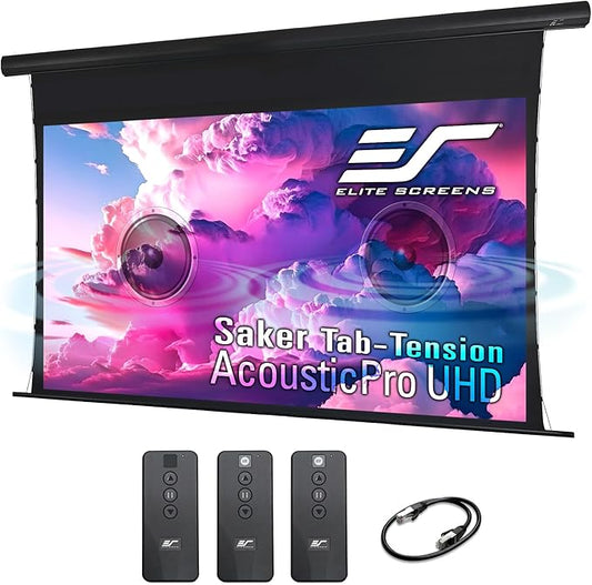 Elite Screens Saker Tab-Tension AcousticPro UHD Series, 110-INCH Diagonal 16:9, 4K/8K Ultra HD Electric Sound Transparent Perforated Weave Drop Down Front Projector Screen, SKT110UH2-E24-AUHD