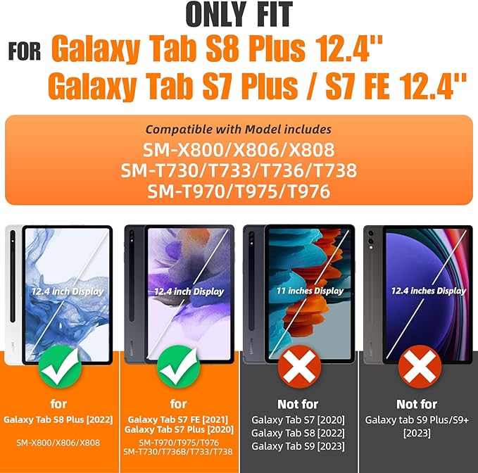 SEYMAC stock Case for Samsung Galaxy Tab S7 FE / S8 Plus 5G Case 12.4'' with Screen Protector Pencil Holder [360 Rotating Hand Strap] &Stand, Drop-Proof, Black
