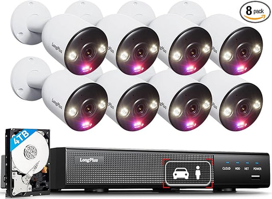 LongPlus 4K PoE Security Camera System, 12MP H.265+ 16CH NVR with 4TB HDD for 24-7 Recording, 8pcs Wired Home Security Camera System, Person Vehicle Detection, CCTV for Home Businesses, LP8MEF8B1