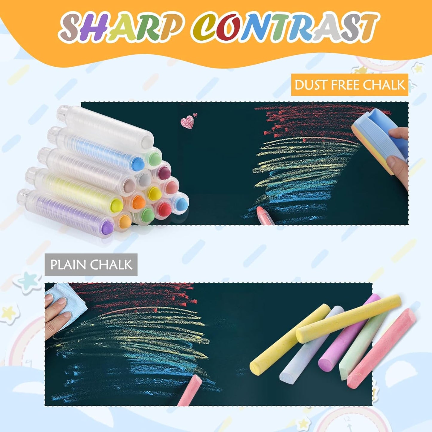 MOMJOY Dustless Kids Chalk Set,Washable Chalks for Toddlers, Non-Toxic Colored Chalk Sticks, Blackboard & Sidewalk Fun for Indoor Outdoor Toys&School Use（15PCS）