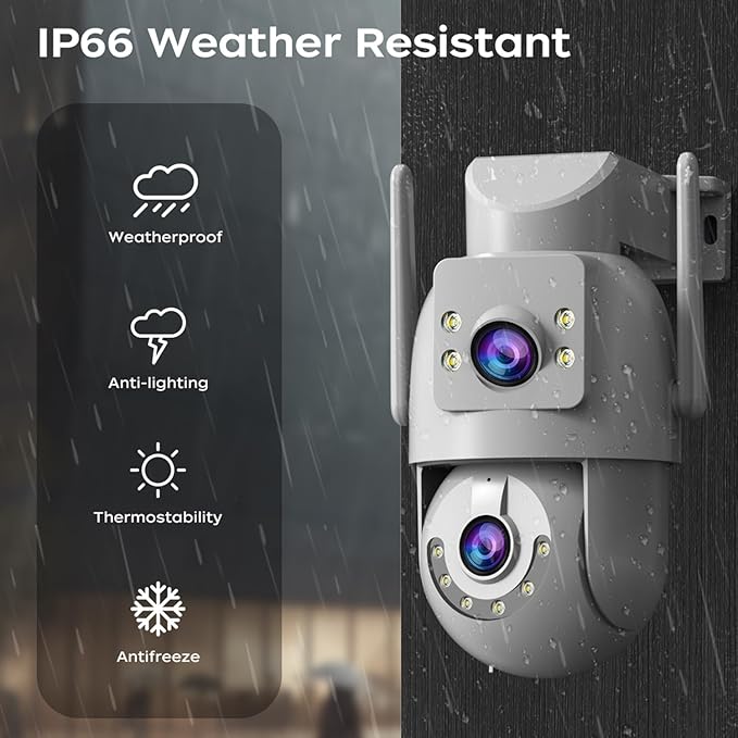JOOAN Outdoor Security Camera HD 2K*2 Dual Lens Dual WiFi 5Ghz 2.4Ghz Wired,PTZ Rotate 2 Way Audio Sound Light Alarm,Auto Tracking,Share Cloud/Card Storage Color Night