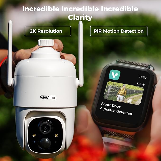 Sovmiku 3CQ1 AI 2K Solar Security Camera Wireless Outdoor,Battery Powered Camera,Two-Way Audio,PIR Motion Detection,Easy to Setup,Pan/Tilt 360° View,Color Night Vision,Audible Flashlight Siren,SD Slot
