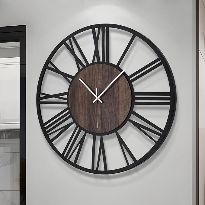 LEIKE Extra Large Wall Clocks,Silent Little Ticking,Battery Operated Vintage Round Modern Wood Wall Clock for Living Room, Bedroom,Farmhouse,Office Home Decor-32 Inch(Black-Roman Numerals)