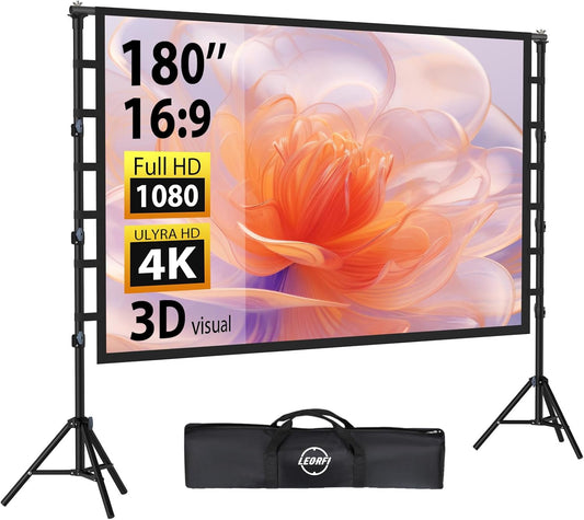 Outdoor Projector Screen with Stand: LEORFI 180 inch Projector Screen Portable, Indoor Projections Screen and Stand, Rear Front Movie Screen 16:9 4K Full HD,Support Height Adjustable for Home Theater