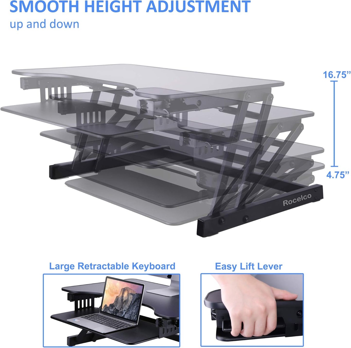 Rocelco 32" Height Adjustable Standing Desk Converter with Floor Stand Bundle - Slide Out Retractable Keyboard Tray - Sit Stand Up Dual Monitor Riser - Computer Workstation - Black (R ADRB-STFS)