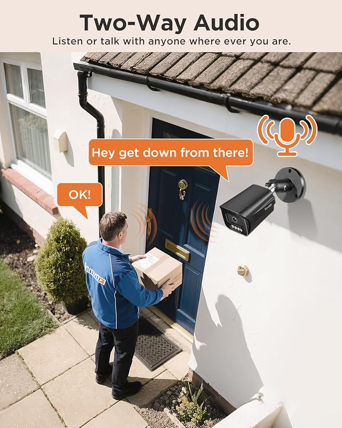 4 Camera Security System 8 Channel, 4X 5-Megapixel Wired IP Bullet PoE Camera Outdoor, AI Human Vehicle Detection, 2 Way Audio, Smart Color Night Vision, 4K 8CH NVR with 2TB HDD, PB65B0408-5MD