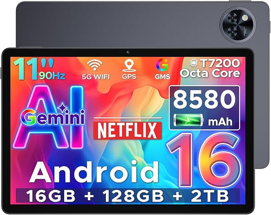 DOOGEE U11 Android 16 Tablet,11 Inch Tablet with Gemini AI,16GB+128GB/2TB,8580mAh Gaming Tablets,Unisoc T7200 Octa-Core,13MP+5MP Tablets,2.4G+5G WIFI/WidevineL1/3.5mm Audio/Face ID/OTG