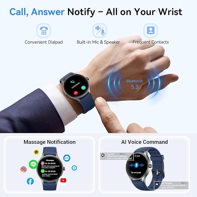 Fitpolo Smart Watches for Men/Women, 1.27" Round Smartwatch Fitness Tracker with Bluetooth Calls (Make/Answer), Heart Rate/SpO2/Sleep Monitor, 12 Days Battery, IP68 Waterproof - Blue