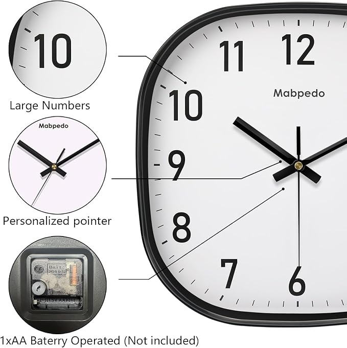 10 Inch Wall Clock, Silent Non Ticking Wall Clocks Battery Operated, Square Analog Decorative Wall Clocks for Bedroom Living Room Office Home Gym Porch Decor Indoor Outdoor Clock, Black