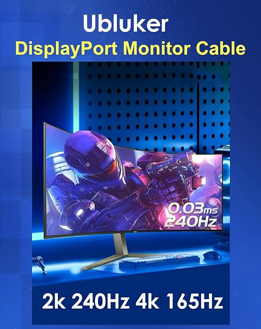 10K 8K DisplayPort 2.1 Cable 54Gbps 10 FT, Certified DP to DP Cord 4K 240Hz 165Hz 144Hz 120Hz 10K 8K 120Hz Nylon Braided UHBR HDCP2.3 FreeSync G-Sync RTX5090 Gaming Monitor PC Projector