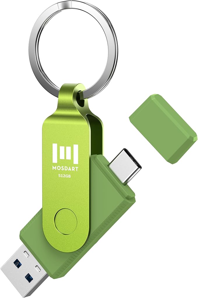 MOSDART 512GB USB3.1 Fast Speed C and A Dual Flash Drive, exFAT Memory Stick with Keychain and LED Indicator, for iPhone 15,16,17, Android Phone, iPad, MacBook, and Other Laptops, Green