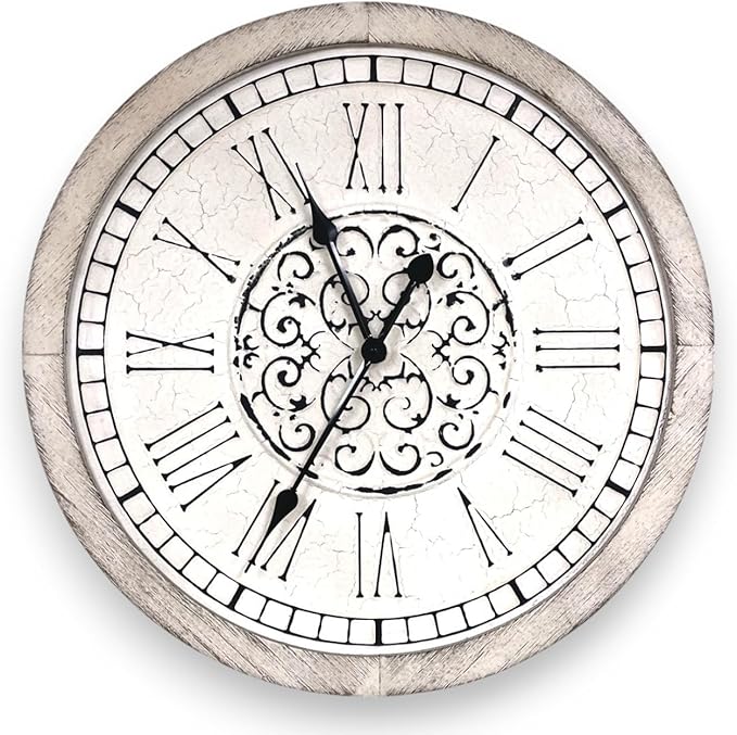 Large Decorative Vintage Worn Wall Clock - Big Farmhouse, Rustic, Coastal Decor - 25 inches for Living Room or Bedroom - Battery Operated