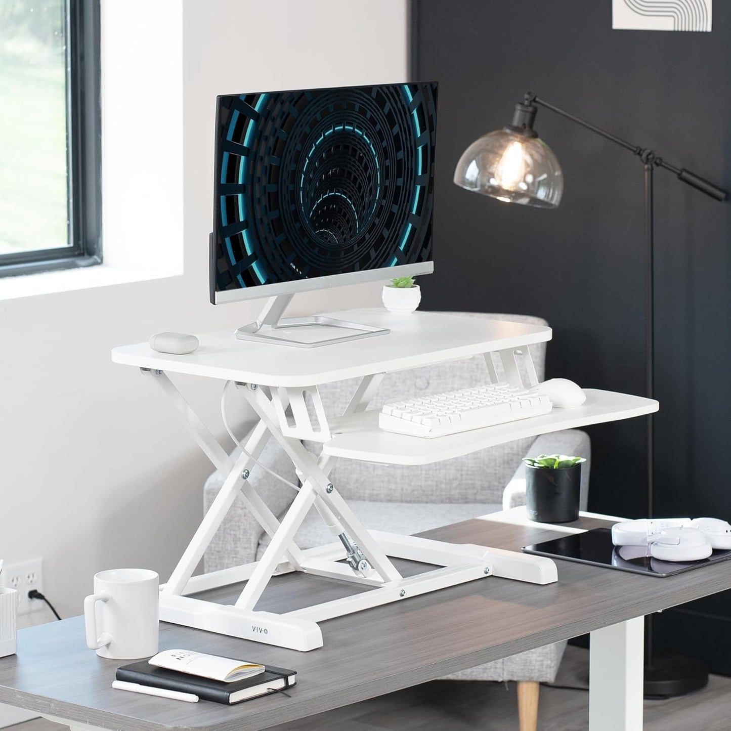 VIVO 26 inch Desk Converter, K Series, Height Adjustable Sit to Stand Riser, Dual Monitor and Laptop Workstation with Keyboard Tray, White, DESK-V026KW