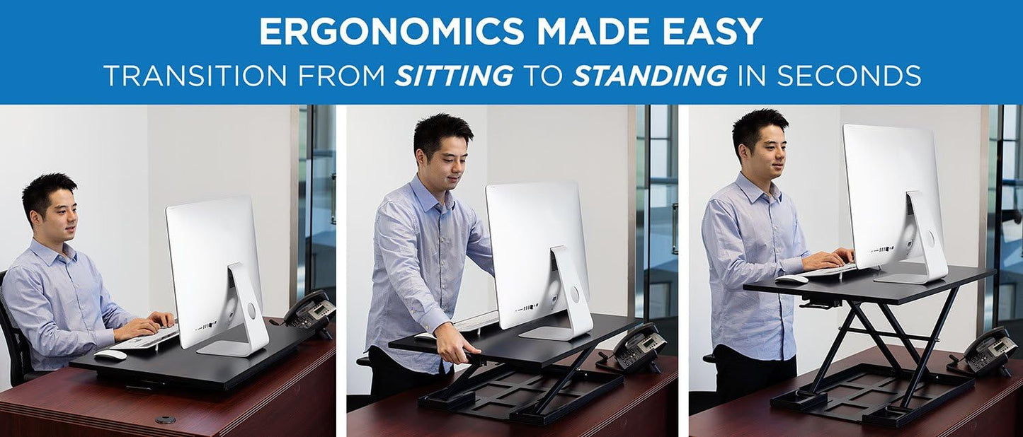 Mount-It! Standing Desk Converter, Sit Stand Desk Riser with Gas Spring, Ergonomic Height Adjustable Desktop Platform, Collapsible Slim Profile, Preassembled Workstation for Home & Office, Black