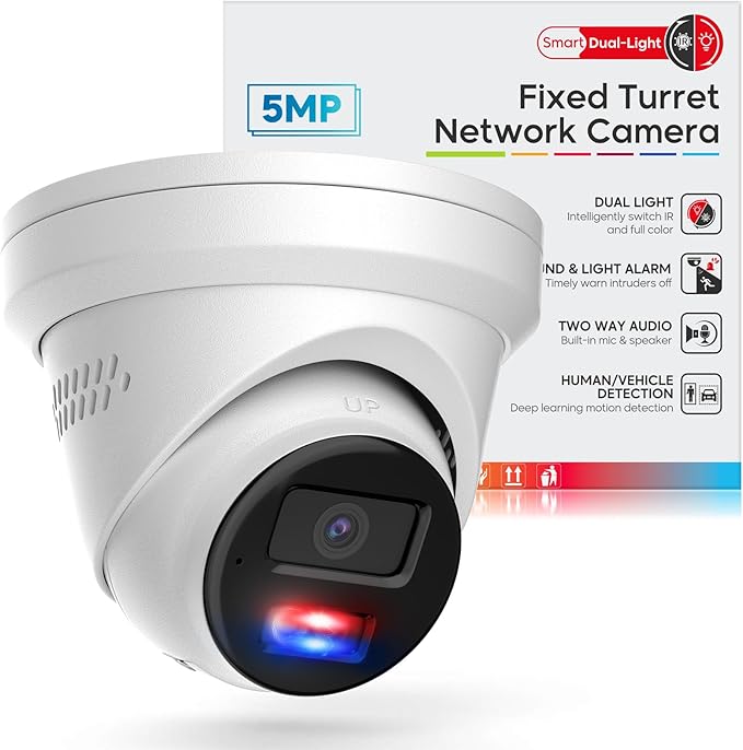 5MP PoE IP Turret Camera, PoE Camera Outdoor w/Red-Blue Alarm Lights & Sound, 98FT Smart Color Night Vision, 2-Way Audio, AI Human/Vehicle Detection, Full Metal IP67, 114°Wide Angle