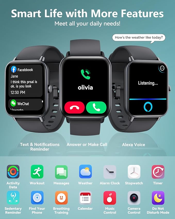 Smart Watches for Women/Men, Smart Watch for Android Phones and iPhone Compatible, Alexa Built-in, 1.8" Fitness Watches for Women, IP68 Waterproof /Bluetooth Call, Heart Rate/Sleep Monitor, Black