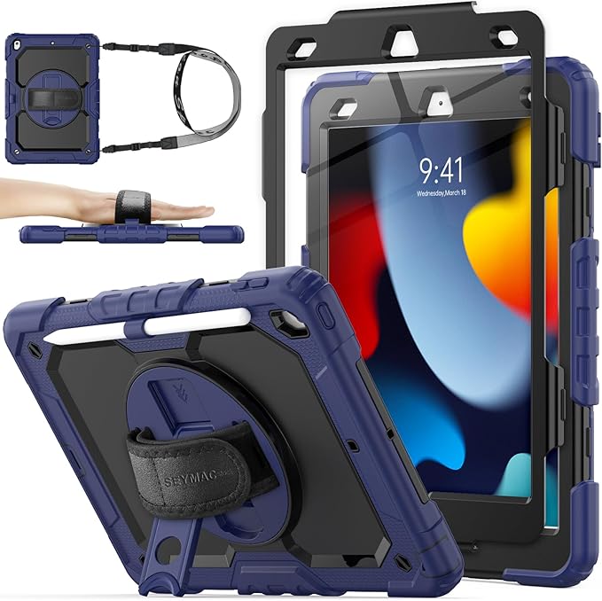 SEYMAC stock Case for iPad 9th/ 8th/ 7th Generation 10.2'', Shockproof with Screen Protector, Pencil Holder [360° Rotating Hand Strap] & Stand, for iPad 10.2 inch 2021-2019 (Navy Blue)