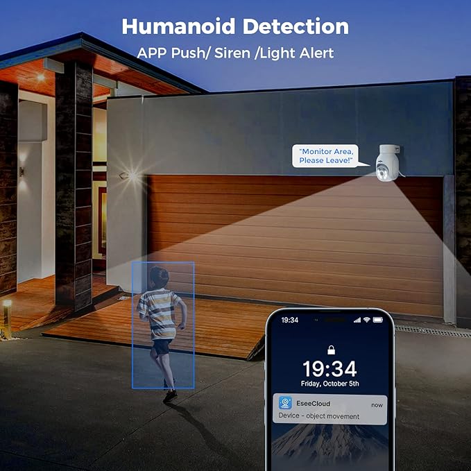 Hiseeu 5MP Wireless Outdoor Security Camera, WiFi Surveillance PTZ Camera with Color Night Vision, Motion Detection, Siren & Light Alarm, 2-Way Audio, IP66 Waterproof, Works with Echo Show (Black)