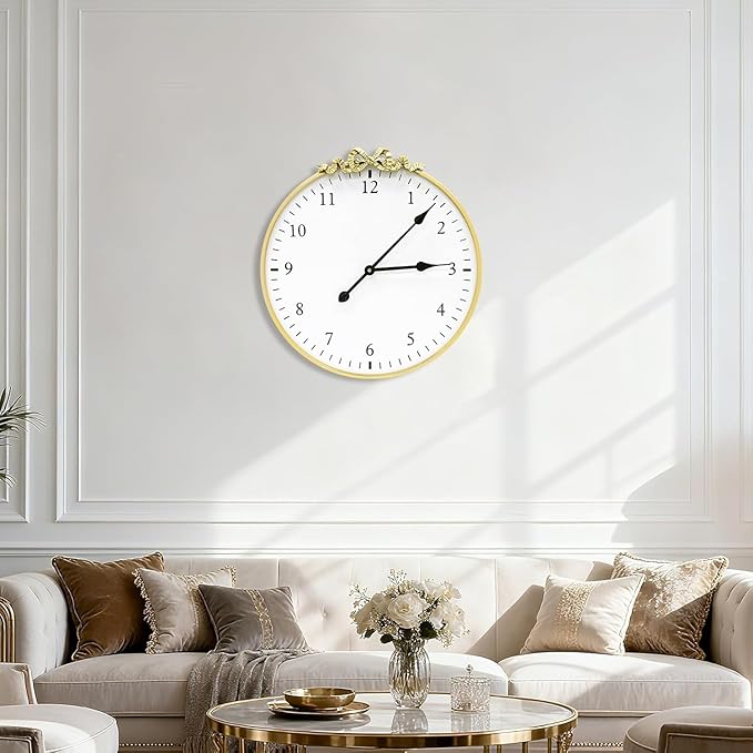 Large Vintage Gold Wall Clock, 20inch Decorative Round Wall Clocks with Bow Decor for Living Room, Retro Metal Battery Operated Clocks for Bedroom, Dining Room,Office