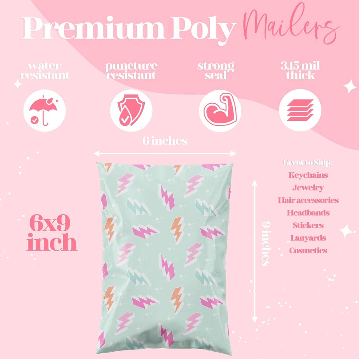 6x9 Designer Poly Mailer 100 Pack Heavy Duty Waterproof Self Seal Shipping Bags for Small Business Large Mailing Envelopes Bulk Tear Resistant Cute Packaging Lightning Bolt
