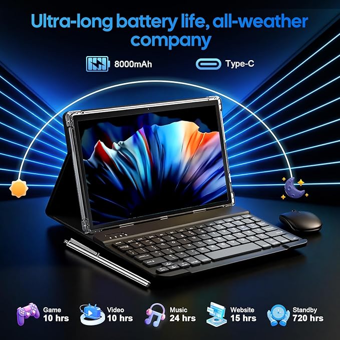 10 Inch Android 15 Tablet with Keyboard, 26GB RAM+256GB ROM(2TB Expand), 2-in-1 Tablet with 8000mAh Battery, 2.4G/5G WiFi, Widevine L1, Dual Camera, Split Screen, Mouse, Stylus, Case(Silver Case)