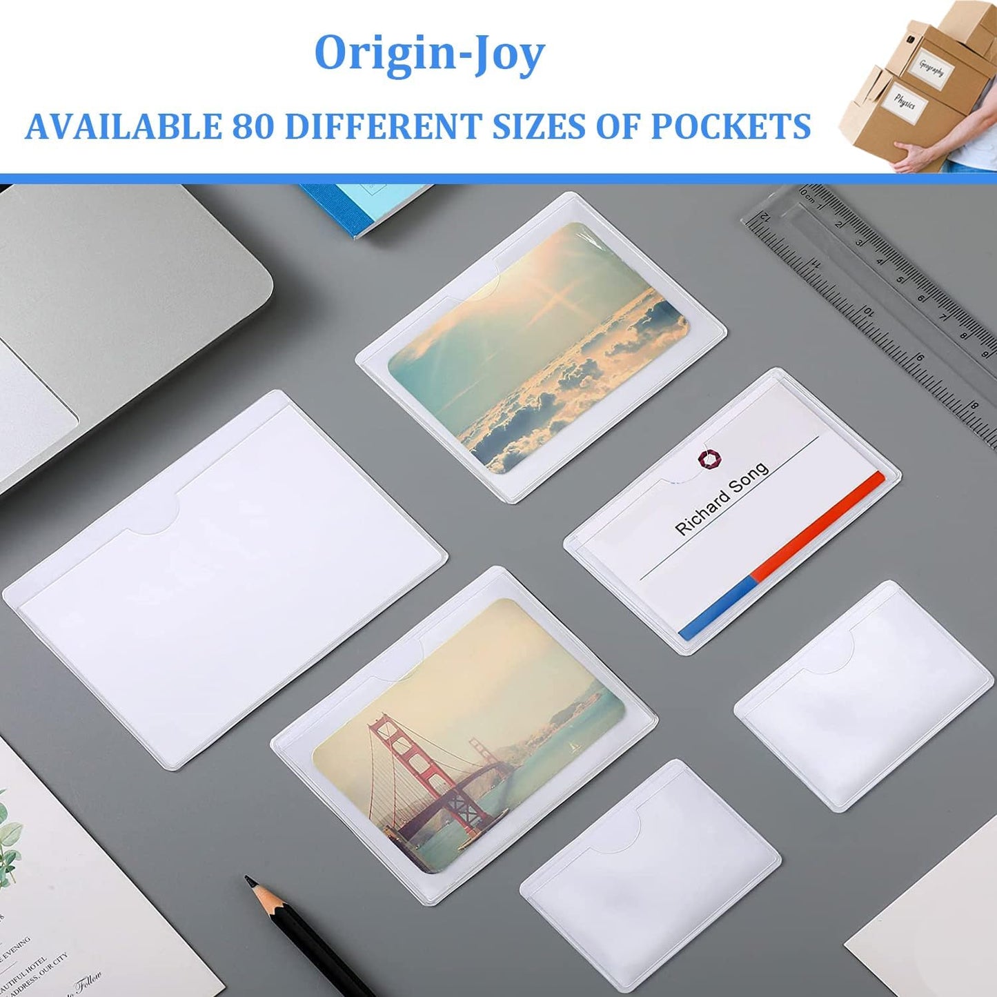 Origin-Joy 60 PCS Self Adhesive Index Card Pockets with Top Open, Clear Plastic Label Holder for Cards of Note, Library and Business, Adhesive Label Pockets & Card Holder (6.75 x 3.5 inch)