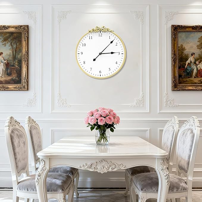 Large Vintage Gold Wall Clock, 20inch Decorative Round Wall Clocks with Bow Decor for Living Room, Retro Metal Battery Operated Clocks for Bedroom, Dining Room,Office