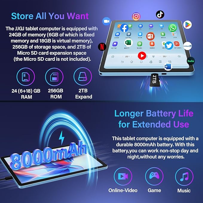 11 Inch Tablet Android 15 Tablet, 2026 Tablets with keyboard, 24GB+256GB+2TB Expand, 2 in 1 Tablets with Case Mouse Stylus, 8000mAh Battery, Octa-Core, Supports Widevine L1, 5G WiFi, GPS (Green Case)