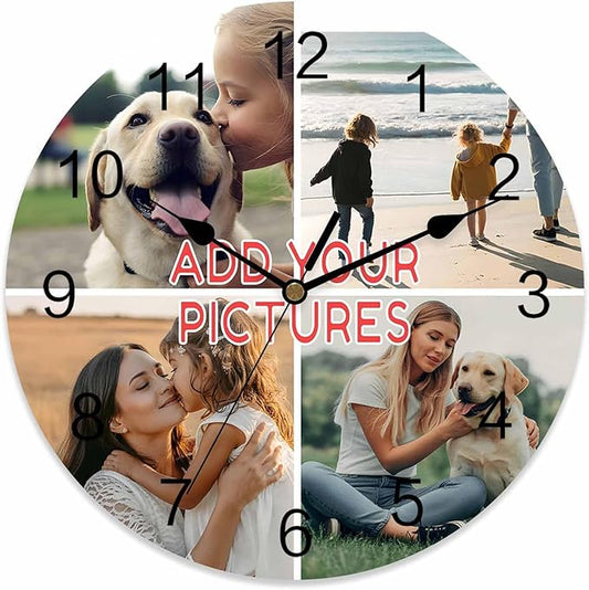 Custom 4 Picture Wall Clock, Personalized Round Clock add Your Photo for Kitchen Bedroom Living Room, Customized Christmas Valentine's Day Gift for Couples, Wife, Husband (10", 12", 14")