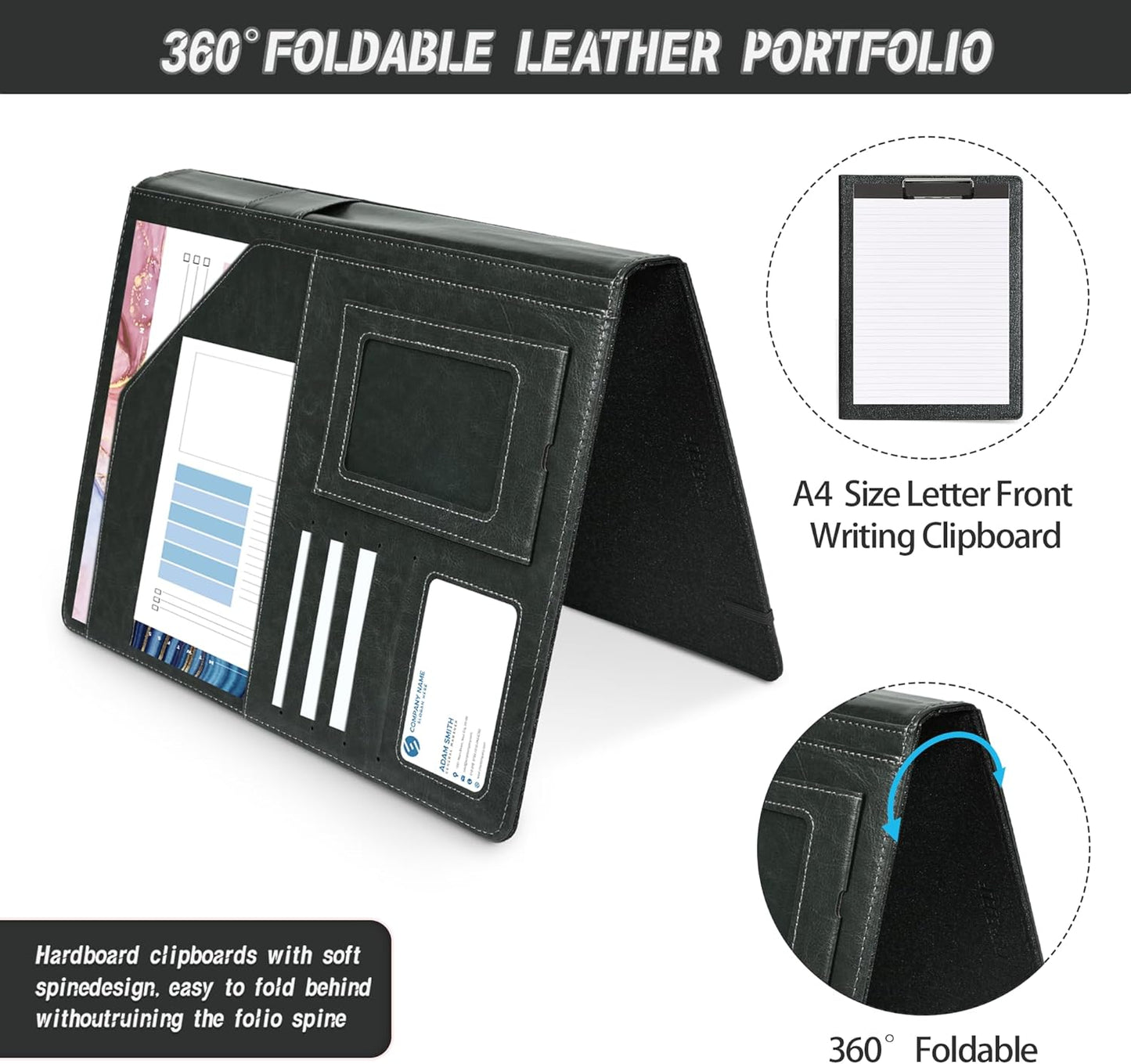 Leather Padfolio with Clipboard Folio Folder Padfolios for Women Black Sparkle Binder with Notepad