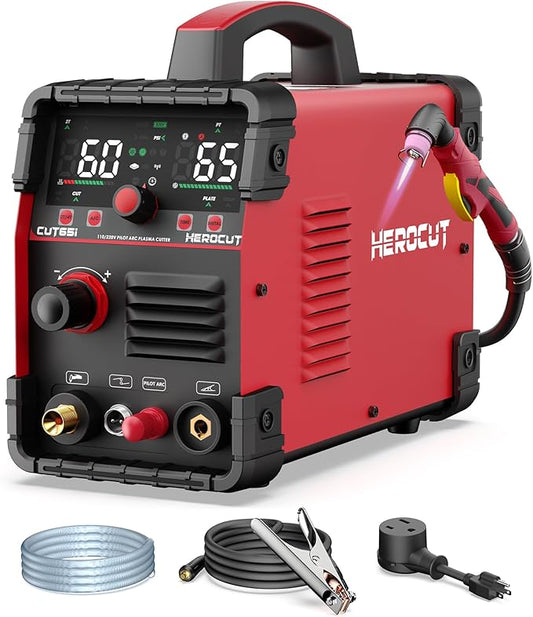 Plasma Cutter, 65Amps HEROCUT Plasma Cutter Machine CUT65i, Non-Touch Pilot Arc, 110/220V Dual Voltage IGBT Inverter, Screen Display, Air Sensor, 20mm Max Cutting Thickness, 2T/4T for Beginners DIY