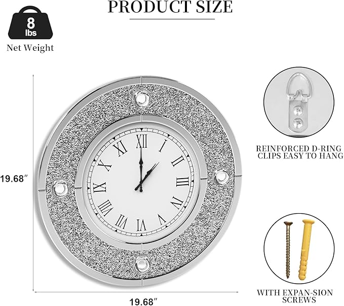 COSVALVE Mirror Wall Clock with Crystal, 20 Inch Large Silver Glass Clock for Wall Living Room, Big Decorative Wall Clock with Crushed Diamond Decor, Luxury Bling Wall Decor