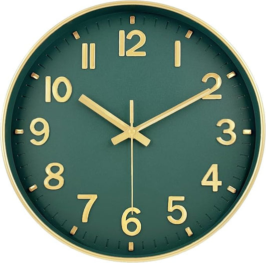 Modern Wall Clock, 10 Inch Digital Wall Clocks Battery Operated, Round Non Ticking Silent Analog Clock for Bedroom Living Room Kitchen Office Gym Classroom Decor, Gold Green Battery Clock