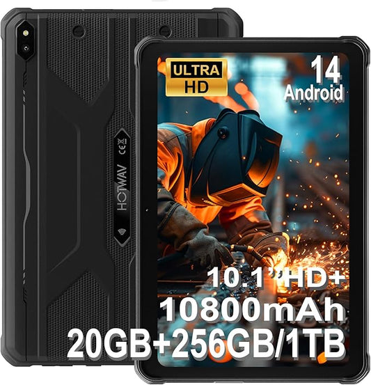 HOTWAV R10 Pro Rugged Tablet, 20GB + 256GB/TF 1TB Android 14 Tablet, 10.1inch HD+ Waterproof Tablets, 10800mAh Battery, 13MP Camera, Octa-Core/Dual SIM 4G/WLAN 5/IP68&IP69K/Face ID/GPS/OTG