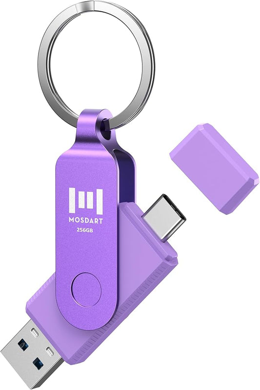 MOSDART 256GB USB3.1 Fast Speed C and A Dual Flash Drive, exFAT Memory Stick with Keychain and LED Indicator, for iPhone 15,16,17, Android Phone, iPad, MacBook, and Other Laptops, Purple