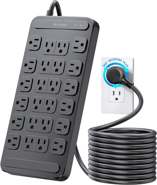 TROND Surge Protector Power Strip 360Â° Rotating Flat Plug, 24 AC Outlets, 4000 Joules, 10ft Heavy Duty Extension Cord 1875W, ETL Listed, Ideal for Gaming Office Home Dorm Room Essentials Black