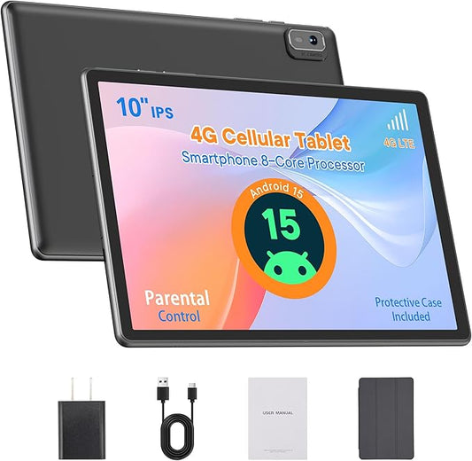HAOVM Android 15 Tablet 10 Inch 4G LTE Cellular Tablet Unlocked with SIM Card Slot,Octa-Core Helio G80 CPU for Fast Gaming & Streaming,8MP Camera,GPS,Parental Control,Includes Protective Case,Black