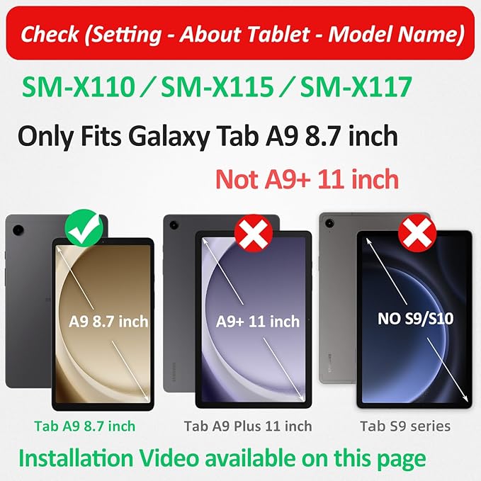 HXCASEAC Case for Samsung Galaxy Tab A9 8.7 Inch, Protective with Screen Protector/Hand Strap/Pen Holder, Sturdy Shockproof for Samsung A9 Tablet Case SM-X110 SM-X115 SM-X117 - Black