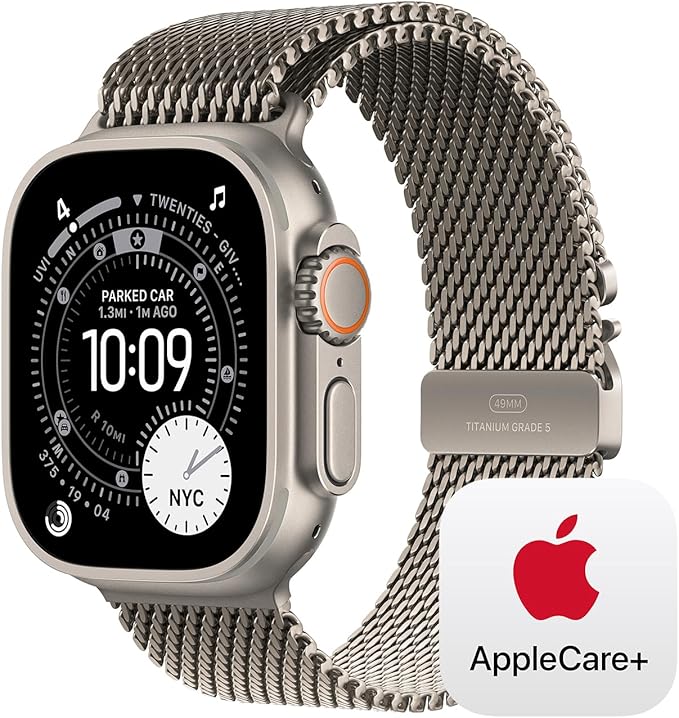 Apple Watch Ultra 3 [GPS + Cellular 49mm] Running & Multisport Smartwatch w/ Rugged Titanium Case w/ Natural Titanium Milanese Loop - L w/ AppleCare+ (2 years)