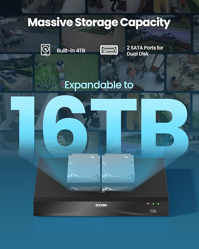 ZOSI C290 4K 16CH POE Security Camera System for 24/7 Recording, 12 x 8MP Wired PoE IP Cameras Outdoor, 360 View, AI Human/Vehicle/Face Detection, Two-Way Talk, Siren Alarm, Auto Tracking, 4TB HDD