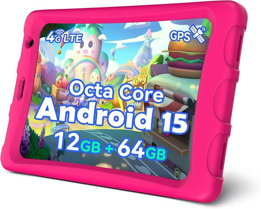 8 Inch Android 15 Tablet with Sim Card Slot Uncloked, Cellular Tablet Phone with 4G LTE, Octa Core,12GB RAM 64GB ROM 2TB TF Expandable, 5G WiFi, 8MP Camera, 5100mAh, Tableta with Case(Pink)