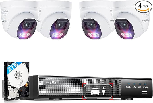 LongPlus Smart 12MP 8CH Home Security Camera System, 4Pcs Wired PoE IP Cameras System Outdoor with Person/Vehicle Detection, 12MP 8CH NVR with 2TB HDD for 24-7 Recording, LP12ME84D1