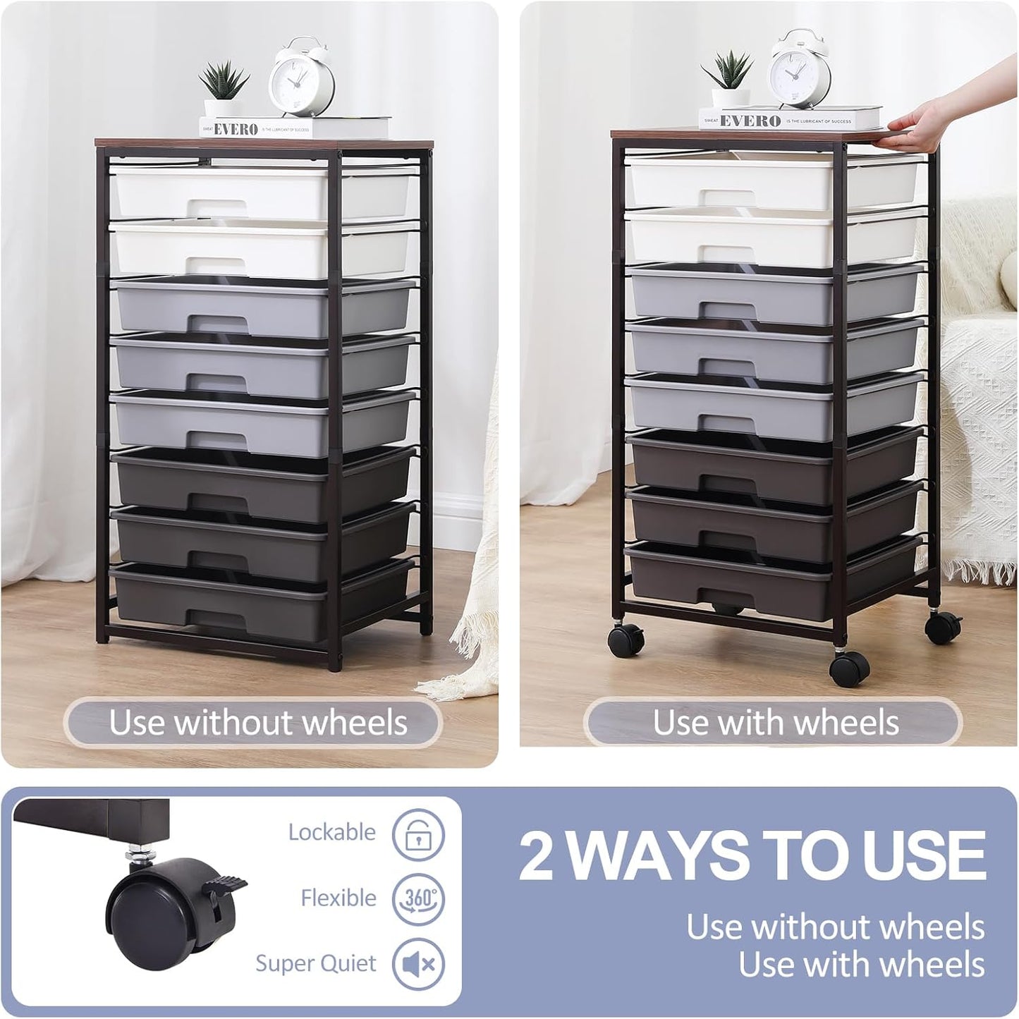 Rolling Cart with Drawers,Utility Cart with 8 Drawers and Wooden Tabletop for Living Room,Classroom,Bedroom,Bathroom,Dorm,Office,Dark Grey
