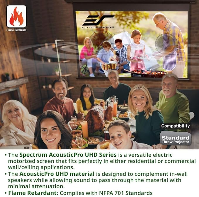 Elite Screens Acoustically Sound Transparent Spectrum Electric AcousticPro UHD,125-INCH Motorized Projector Screen Moiré-Free Perforated Weave Home Movie Cinema, ELECTRIC125H2-AUHD