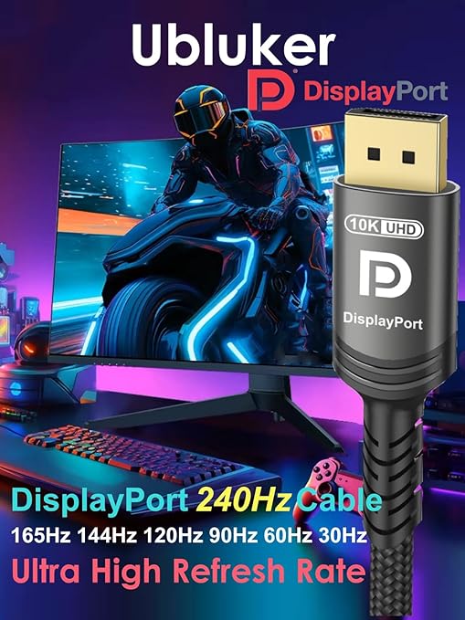 10K 8K DisplayPort 2.1 Cable 54Gbps 1.64 FT, Certified DP to DP Cord 4K 240Hz 165Hz 144Hz 120Hz 10K 8K 120Hz Nylon Braided UHBR HDCP2.3 FreeSync G-Sync RTX5090 Gaming Monitor PC Projector