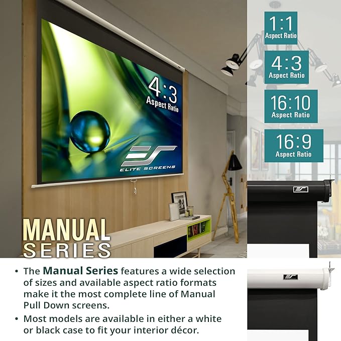 Elite Screens Manual Series, 100-INCH 16:9, Pull Down Manual Projector Screen with AUTO Lock, Movie Home Theater 8K / 4K Ultra HD 3D Ready, 2-Year Warranty (100" / 16:9)